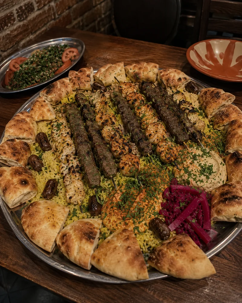 Plateau de grillades à partager avec riz, houmous et pains